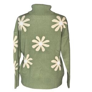 Green Daisy Flower Sweater Women's sz M Soft Knit Retro 70s Floral Pullover Cozy
